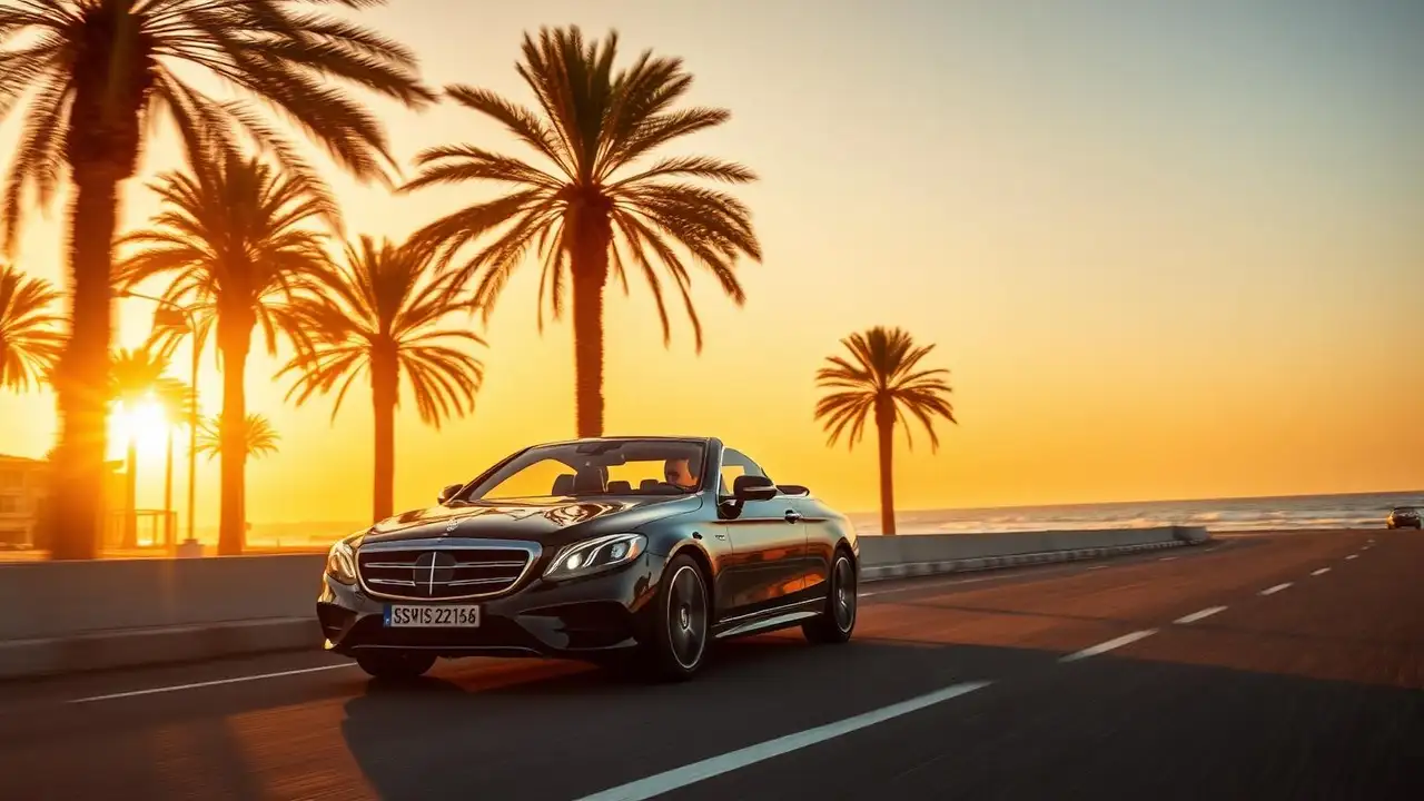 Black Mercedes E-Class driving along the Agadir corniche at sunset
