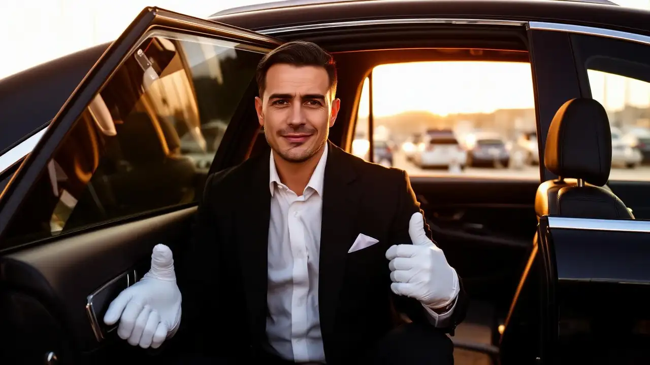 Moroccan chauffeur in a dark suit opening the door of a black Mercedes S-Class
