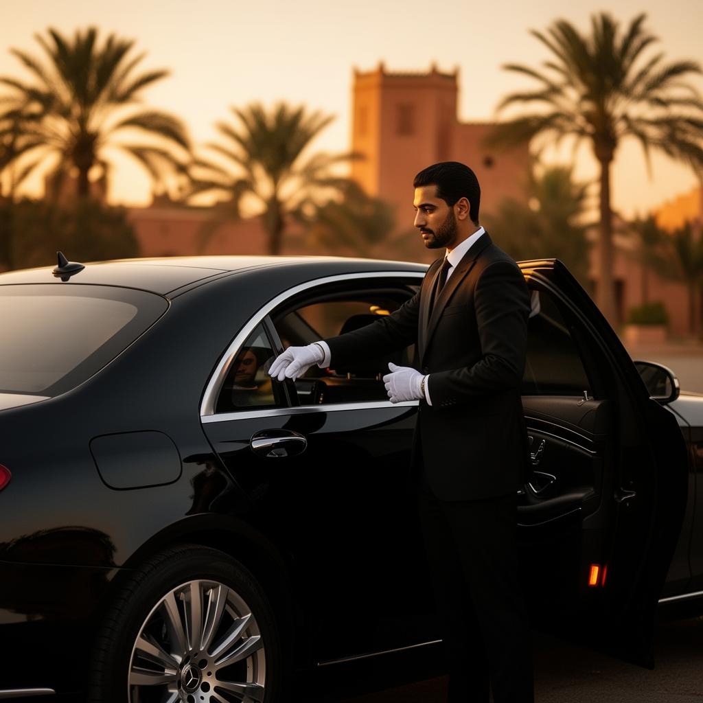 Moroccan chauffeur opening the door of a black Mercedes S-Class at golden hour