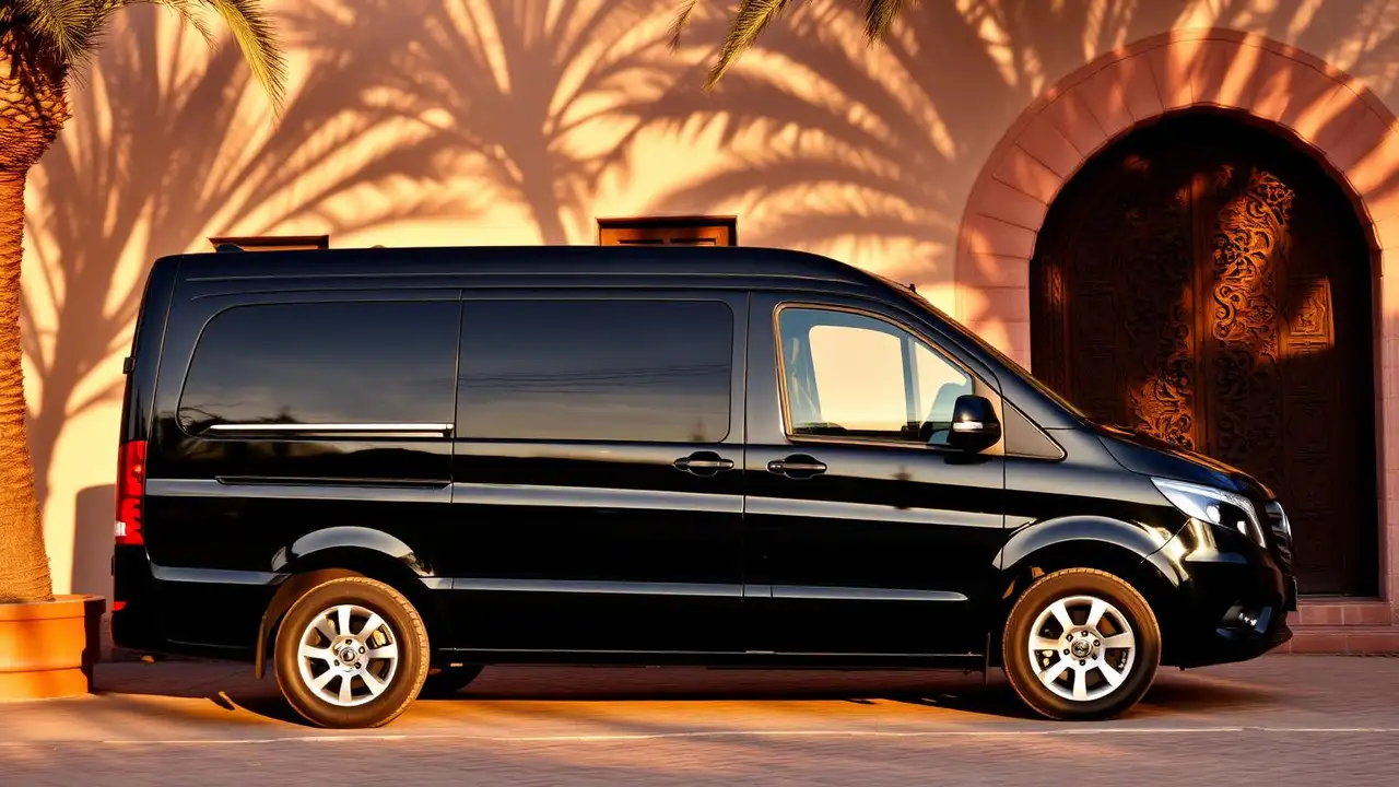 Black Mercedes V-Class parked outside a traditional Marrakech riad at golden hour